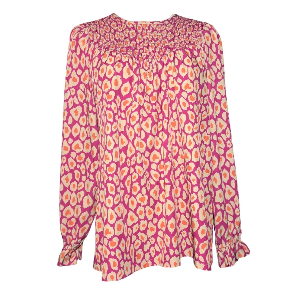 Michelle McDowell Lynn Smocked Top Leopard Pink Orange Animal Print Blouse Small